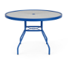 Front perspective view of a 42-inch round Sundance commercial outdoor dining table featuring a vibrant Marina Blue powder-coated aluminum frame, flared legs with umbrella cross-bracing, and a clear textured acrylic tabletop with a center umbrella hole.