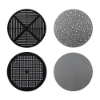 Graphic illustration showing four top-down circular tabletop pattern options for the round Sundance commercial outdoor dining table: linear Slat (top-left), scattered Bubble (top-right), grid Cube (bottom-left), and smooth Solid surface (bottom-right) arranged against a white background.