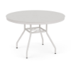 Eye-level perspective view of a 42-inch round Sundance commercial aluminum outdoor dining table in a Sky White finish, featuring splayed legs, lower umbrella bracing, and a smooth solid aluminum tabletop with a center umbrella hole.