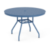 Front-side view of a 42-inch round Sundance commercial aluminum outdoor dining table powder-coated in Steel Blue, showcasing flared legs, an umbrella support ring, and a round aluminum top with a perforated bubble hole design and central umbrella opening.