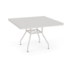 Three-quarter perspective view of a 42-inch square Sundance commercial outdoor dining table powder-coated in Sky White, featuring splayed aluminum legs, lower umbrella cross-bracing, and a smooth solid tabletop with a central umbrella hole.