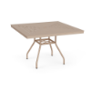 Three-quarter perspective view of a 42-inch square Sundance commercial outdoor dining table in Textured Antique Beige, showing splayed aluminum legs, an umbrella support ring, and a concentric square slat pattern tabletop with a center umbrella hole.