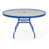 Three-quarter perspective view of a 48-inch round Sundance commercial outdoor dining table featuring a textured clear acrylic top set within a Marina Blue powder-coated aluminum frame, supported by splayed legs and lower umbrella cross-bracing with a central umbrella hole.