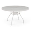 Three-quarter perspective view of a 48-inch round Sundance commercial outdoor dining table featuring a textured acrylic surface encased in a Sky White powder-coated aluminum frame, supported by flared legs and an umbrella support brace with a center umbrella hole.