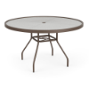 Three-quarter perspective view of a 48-inch round Sundance commercial outdoor dining table featuring a textured acrylic top inside a Textured Espresso powder-coated aluminum rim, resting on splayed legs with lower umbrella cross-bracing and a central umbrella opening.