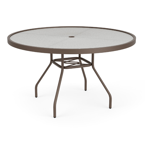 Three-quarter perspective view of a 48-inch round Sundance commercial outdoor dining table featuring a textured acrylic top inside a Textured Espresso powder-coated aluminum rim, resting on splayed legs with lower umbrella cross-bracing and a central umbrella opening.