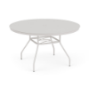 Three-quarter perspective view of a 48-inch round Sundance commercial aluminum outdoor dining table in Sky White, showcasing flared legs, umbrella cross-bracing, and a smooth solid tabletop with a center umbrella hole.