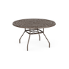 Three-quarter perspective view of a 48-inch round Sundance commercial aluminum outdoor dining table powder-coated in Textured Espresso, featuring splayed aluminum legs, an umbrella support ring, and an intricate circular lattice woven pattern tabletop with a central umbrella hole.