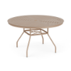 Three-quarter perspective view of a 48-inch round Sundance commercial aluminum outdoor dining table in Textured Antique Beige, featuring curved legs, an umbrella support brace, and a slotted slat pattern tabletop with a central umbrella opening.