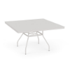 A three-quarter perspective view of a 48-inch square Sundance commercial aluminum outdoor dining table in Sky White, showcasing a smooth solid tabletop with a middle umbrella hole, splayed aluminum legs, and a lower umbrella brace.