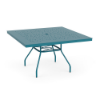 A three-quarter perspective view of a 48-inch square Sundance commercial aluminum outdoor dining table powder-coated in Mayan Teal, featuring a perforated bubble-pattern tabletop with a central umbrella hole, supported by flared legs and an umbrella support cross-brace