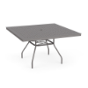 A three-quarter perspective view of a 48-inch square Sundance commercial aluminum outdoor dining table in Titanium Gray, featuring a square grid cube pattern top with a central umbrella hole, supported by curved aluminum legs and lower umbrella bracing.