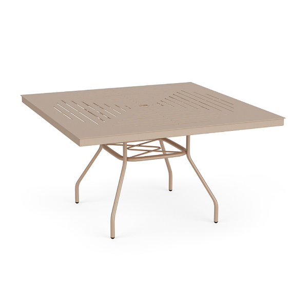 A three-quarter perspective view of a 48-inch square Sundance commercial aluminum outdoor dining table finished in Textured Antique Beige, featuring a slotted slat pattern tabletop with a center umbrella opening, resting on splayed legs with umbrella cross-bracing.
