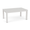 A rectangular white commercial outdoor aluminum coffee table with a smooth, solid tabletop and straight four-legged frame against a plain white background