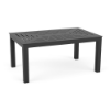 A dark gray or black rectangular aluminum outdoor coffee table featuring a geometric slotted tabletop design and sturdy square legs.