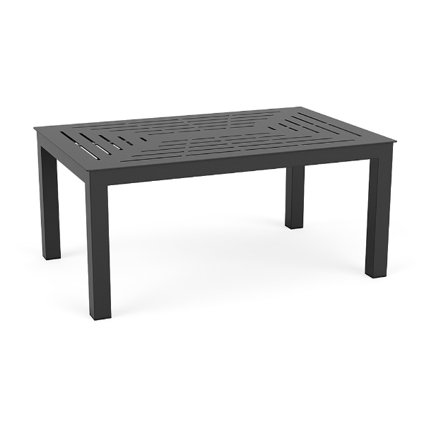 A dark gray or black rectangular aluminum outdoor coffee table featuring a geometric slotted tabletop design and sturdy square legs.