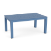 A steel blue rectangular aluminum coffee table with a bubble-style perforated pattern across the tabletop and clean-lined legs.