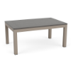 A rectangular commercial patio coffee table with a smooth grey slatted MGP tabletop paired with a light beige or satin amber aluminum frame.