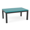 A rectangular outdoor coffee table featuring a bright teal-blue marine grade polymer (MGP) slatted tabletop supported by a solid black powder-coated aluminum frame.