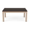 A rectangular outdoor coffee table featuring a dark wood-look Northeastern Walnut MGP slatted top set on a beige textured aluminum frame.