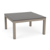 A square patio coffee table with a smooth grey slatted MGP top set on a satin amber aluminum frame.