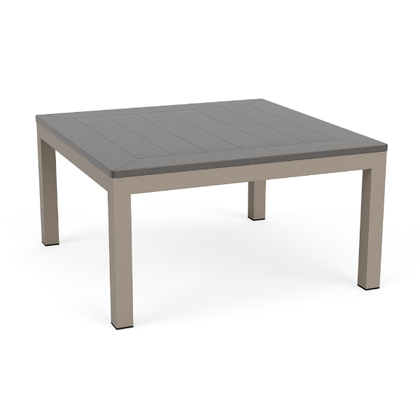 A square patio coffee table with a smooth grey slatted MGP top set on a satin amber aluminum frame.