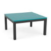 A square commercial outdoor coffee table featuring a bright teal Aruba marine grade polymer (MGP) slatted top with a black powder-coated aluminum frame.