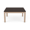 A square commercial patio coffee table with a dark wood-grained Northeastern Walnut MGP slatted top on a textured antique beige aluminum base.