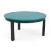 A round commercial outdoor coffee table featuring a bright turquoise-blue slatted marine grade polymer (MGP) top supported by a sleek, black powder-coated aluminum frame.