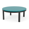 A 42-inch round commercial outdoor coffee table featuring a vibrant turquoise-blue Aruba marine grade polymer (MGP) slatted tabletop with a Starlight Black aluminum frame.