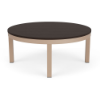 A 42-inch round commercial outdoor coffee table featuring a dark wood-grained Northeastern Walnut MGP slatted top on a textured Antique Beige aluminum frame.