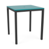 A 36-inch square commercial outdoor bar table with a bright turquoise-blue Aruba marine grade polymer (MGP) slatted tabletop, umbrella hole, and a tall Starlight Black powder-coated aluminum frame with four straight legs.