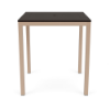 A square commercial outdoor bar table featuring a dark wood-grained Northeastern Walnut MGP slatted tabletop with an umbrella hole, mounted on a textured Antique Beige aluminum base.