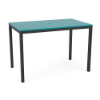 A 36" x 60" rectangular commercial outdoor bar table featuring a vibrant turquoise-blue Aruba marine grade polymer (MGP) slatted top, a center umbrella hole, and a tall Starlight Black powder-coated aluminum frame with four straight legs.