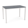A 36" x 60" rectangular commercial bar table featuring a dark navy blue MGP slatted tabletop with a center umbrella hole, set on a tall Sky White aluminum frame.
