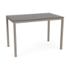A rectangular bar-height patio table with a neutral grey slatted MGP tabletop and umbrella hole, supported by a Satin Amber beige aluminum base.
