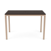 A rectangular commercial outdoor bar table featuring a dark wood-grained Northeastern Walnut MGP slatted top with an umbrella hole, mounted on a textured Antique Beige aluminum frame.