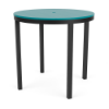 A 42-inch round commercial outdoor bar table featuring a vibrant turquoise-blue Aruba marine grade polymer (MGP) slatted top with an umbrella hole, supported by a tall Starlight Black powder-coated aluminum frame with four straight legs.