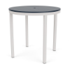 A 42-inch round commercial bar table featuring a dark navy blue slatted MGP top with a center umbrella hole, set on a tall Sky White aluminum frame.