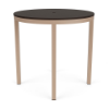 A round commercial outdoor bar table featuring a dark wood-grained Northeastern Walnut MGP slatted tabletop with an umbrella hole, mounted on a textured Antique Beige aluminum frame.