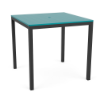 A 42-inch square commercial outdoor bar table featuring a vibrant turquoise-blue Aruba marine grade polymer (MGP) slatted top, a center umbrella hole, and a tall Starlight Black powder-coated aluminum frame with four straight legs.