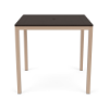 A 42-inch square commercial outdoor bar table featuring a dark wood-grained Northeastern Walnut MGP slatted top with an umbrella hole, mounted on a textured Antique Beige aluminum frame.