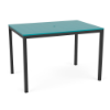 A 42" x 60" rectangular commercial outdoor bar table featuring a vibrant turquoise-blue Aruba marine grade polymer (MGP) slatted top, a center umbrella hole, and a tall Starlight Black powder-coated aluminum frame with four straight legs.