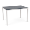 A 42" x 60" rectangular commercial outdoor bar table with a dark navy blue MGP slatted top featuring an umbrella hole, set on a tall Sky White aluminum base.