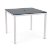 A 48-inch square commercial bar table featuring a dark navy blue MGP slatted top with a center umbrella hole, set on a tall Sky White aluminum frame.