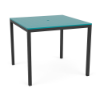 A 48-inch square commercial outdoor bar table featuring a vibrant turquoise-blue Aruba marine grade polymer (MGP) slatted top with a center umbrella hole, supported by a tall Starlight Black powder-coated aluminum frame with four straight legs.