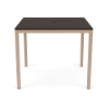 A 48-inch square commercial outdoor bar table featuring a dark wood-grained Northeastern Walnut MGP slatted top with an umbrella hole, mounted on a textured Antique Beige aluminum frame.
