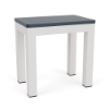 A 12-inch by 18-inch rectangular commercial patio side table with a dark navy blue MGP slatted top set atop a clean Sky White aluminum base.