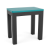 A 12-inch by 18-inch rectangular commercial outdoor side table featuring a bright turquoise-blue Aruba Marine Grade Polymer (MGP) top supported by a thick Starlight Black powder-coated aluminum frame with sturdy block legs.