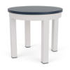 A 20-inch round outdoor side table featuring a navy blue MGP slatted surface set on a Sky White aluminum base.